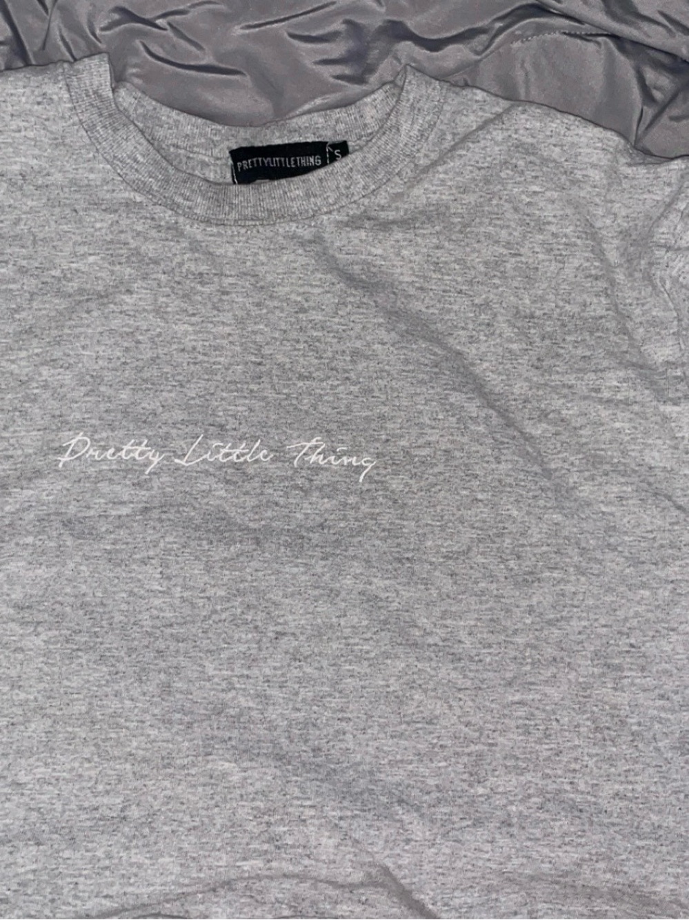 PrettyLittleThing Gray Embroidered Script Tee